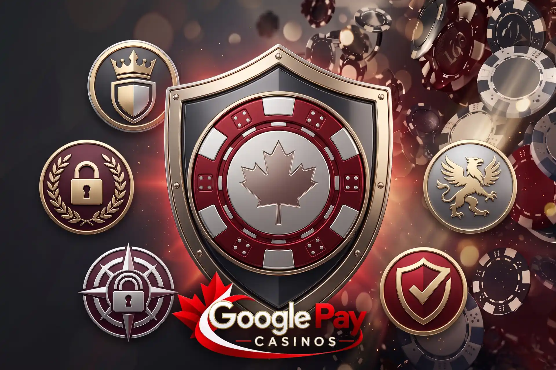 Rigorous licensing and player safety standards for Canadian casinos, illustrated by a maple leaf security shield surrounded by regulatory seal badges.