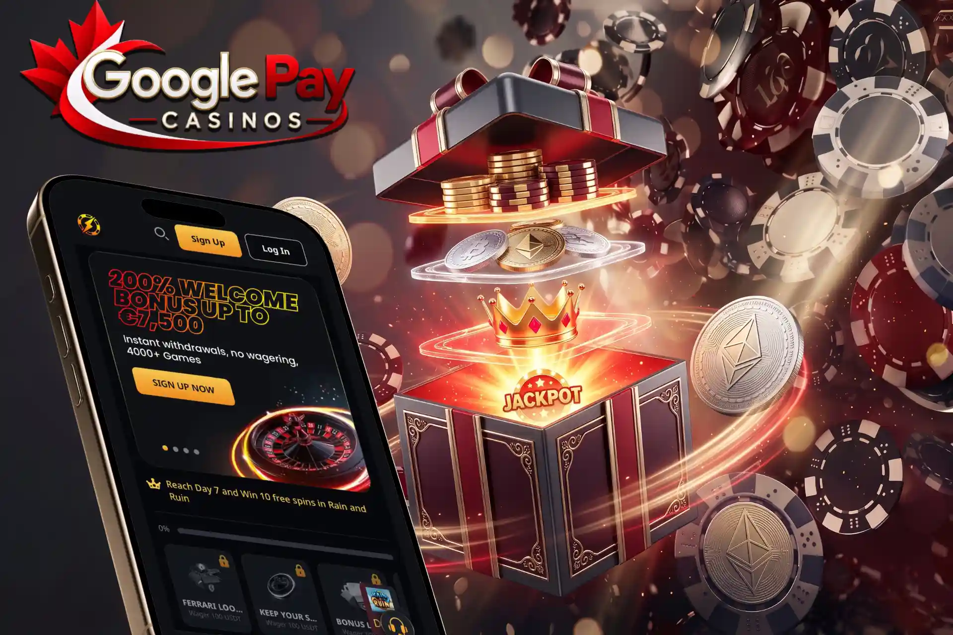Lucrative welcome bonus offer on mobile, displayed on a smartphone screen beside a glowing jackpot gift box with royal crown and crypto coins.