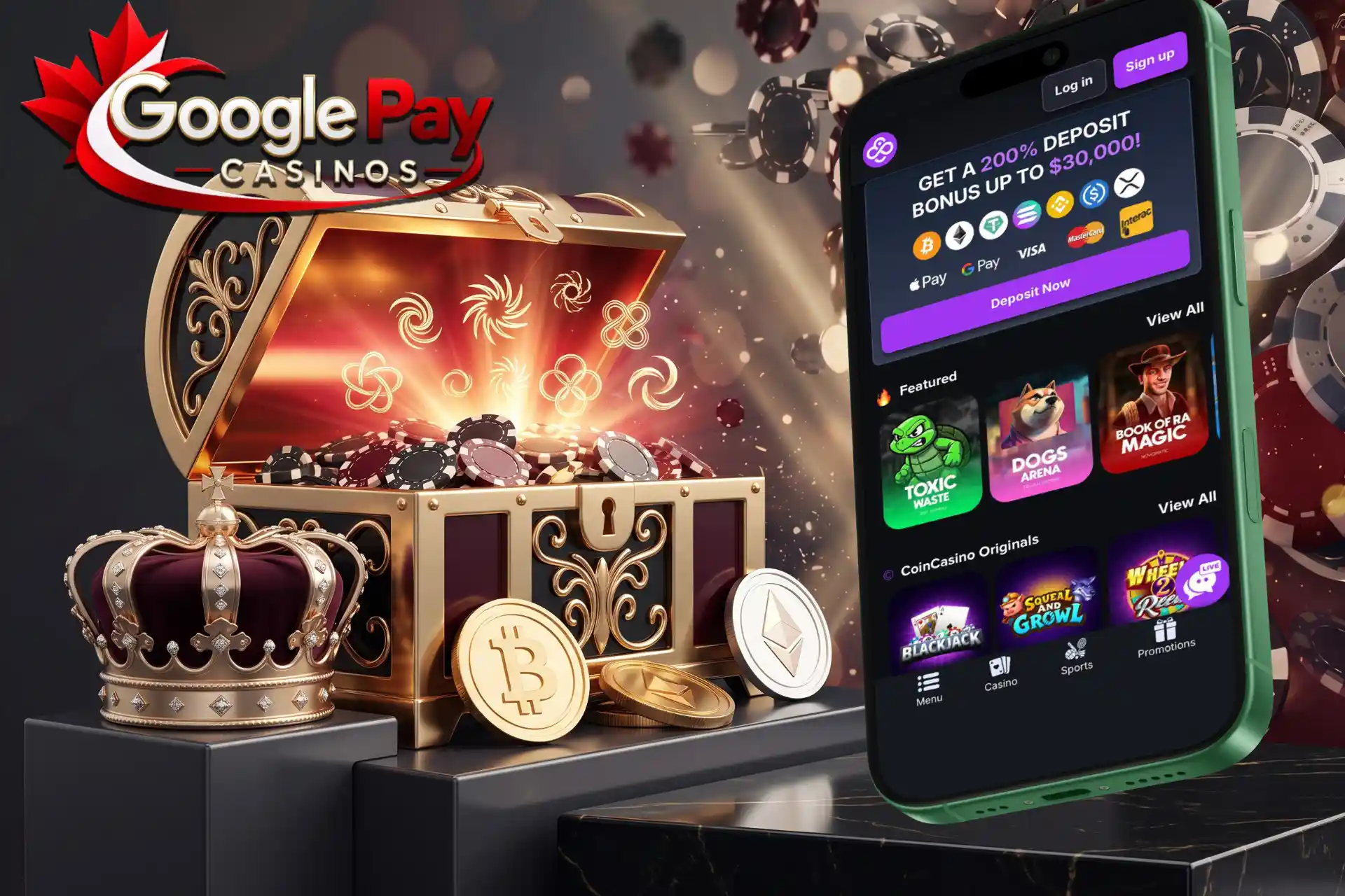 Generous deposit bonuses on Google Pay Casinos, shown on a mobile screen next to an open golden treasure chest, royal crown, and Bitcoin coins.