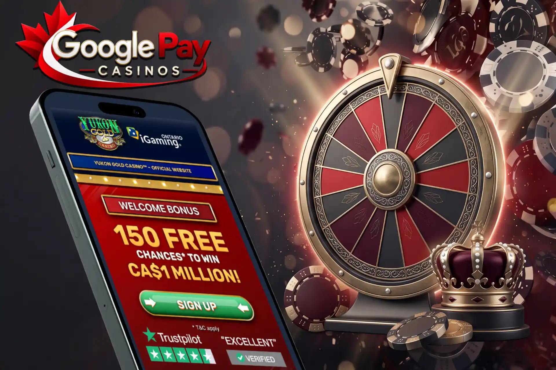 Official online casino welcome bonus for Canadian players, displayed on a smartphone screen next to a luxury roulette wheel and royal crown.