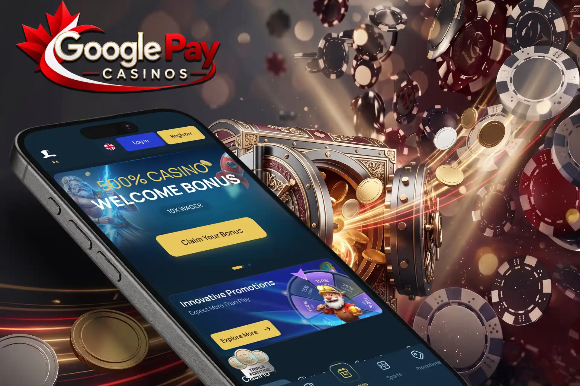 Massive welcome bonus deals on Google Pay Casinos, showcased on a smartphone display with an open golden bank vault radiating coins and light.